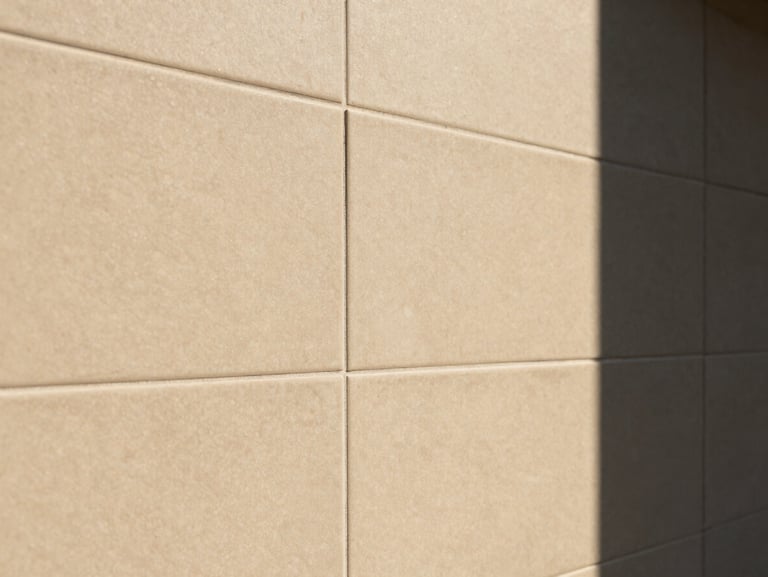 Close-up of perfectly aligned premium ceramic tiling on a wall, warm sand tones, sharp details, bright natural daylight, interior architecture, 35mm