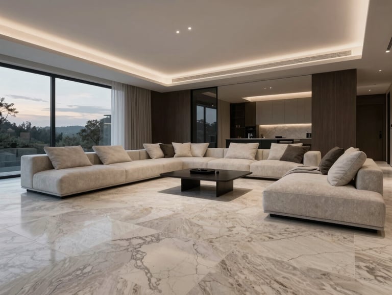 Luxurious modern living room, minimal furniture, travertine stone floor, soft twilight lighting, landscape aspect