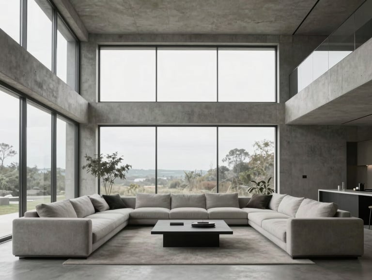 Interior of a minimalist luxury living room, raw concrete walls, high ceilings, large windows, soft daylight