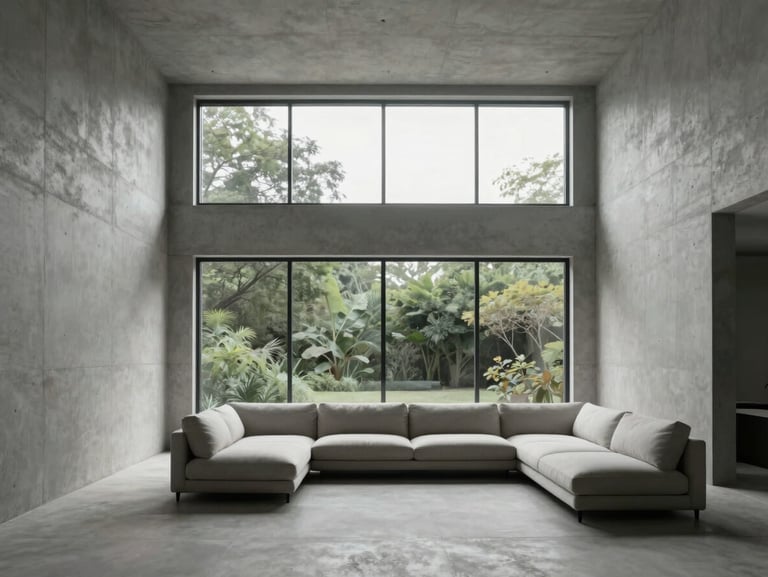 Minimalist living room with raw concrete walls, high ceilings, large glass windows showing green foliage, natural overcast light, 35mm lens