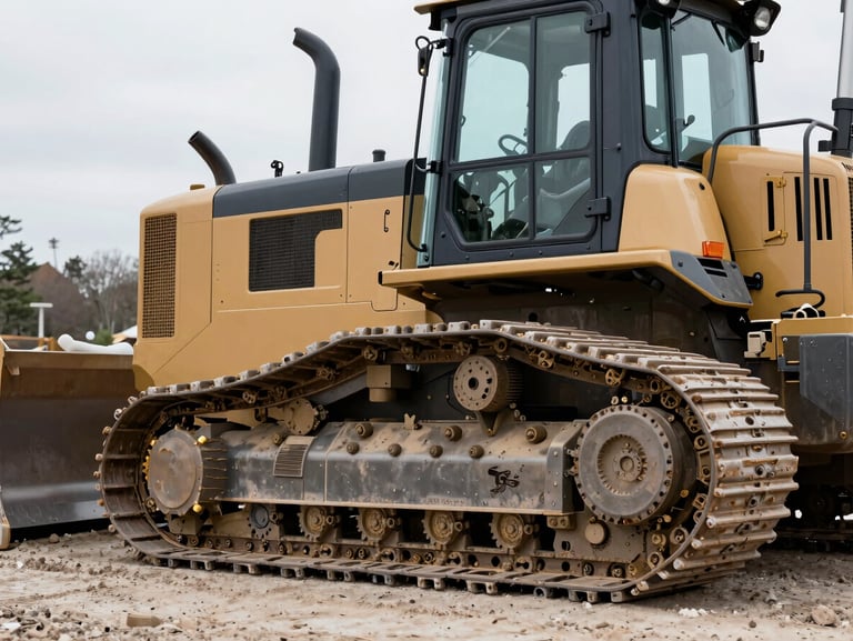 Close-up of a well-maintained bulldozer track on a New England job site, crisp overcast daylight, desaturated industrial tones.