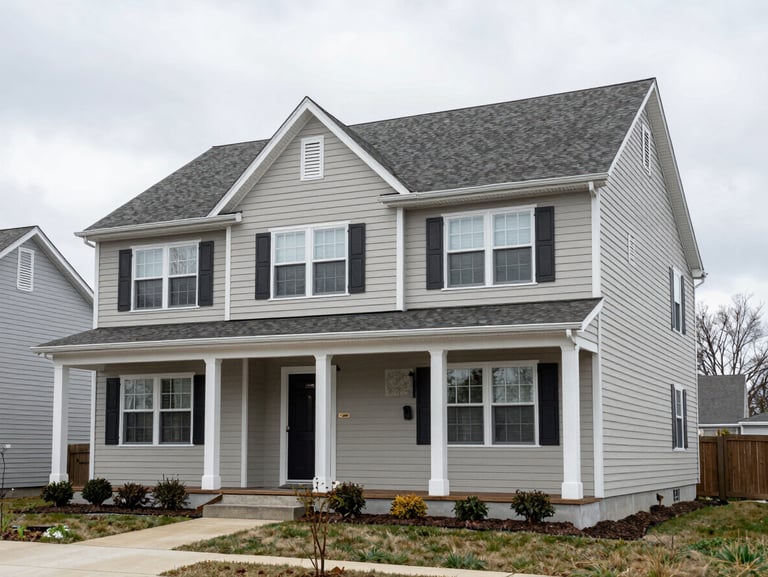 Architectural exterior shot of a clean, well-maintained residential property in Monson, New England, under overcast daylight, sharp focus.