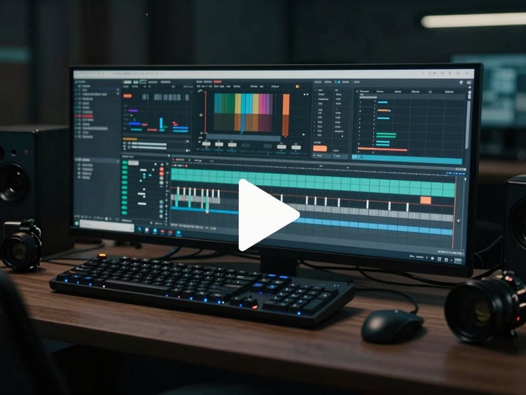 Cinematic video frame of an urban workspace, moody color grading, film grain, play button overlay.