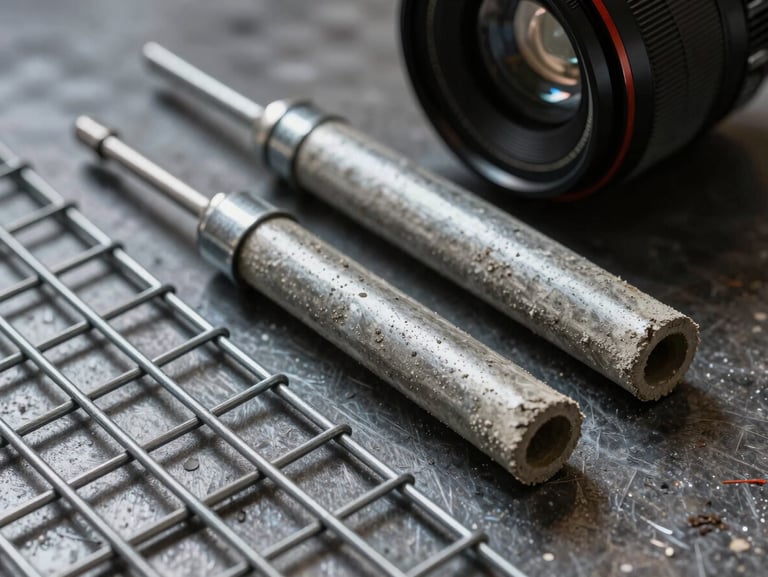 Macro shot of heavy galvanized steel wire mesh and industrial concrete sealant tools resting on a dark metal surface, high-contrast lighting