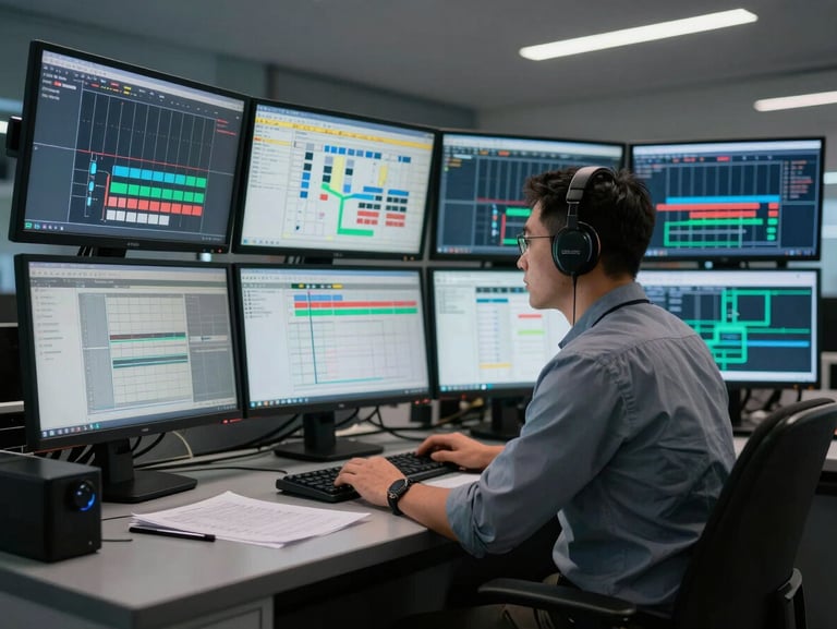 A dispatcher in a high-contrast control room analyzing multi-monitor routing maps under focused twilight lighting, professional logistics environment.
