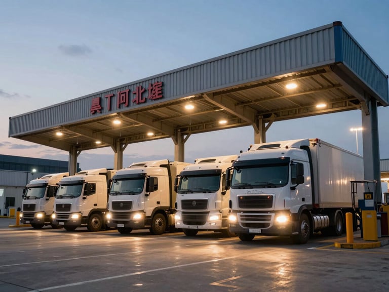 Low-angle shot of a customs entry port at dusk, long-exposure headlights of incoming semi-trucks, metallic structures under industrial lighting