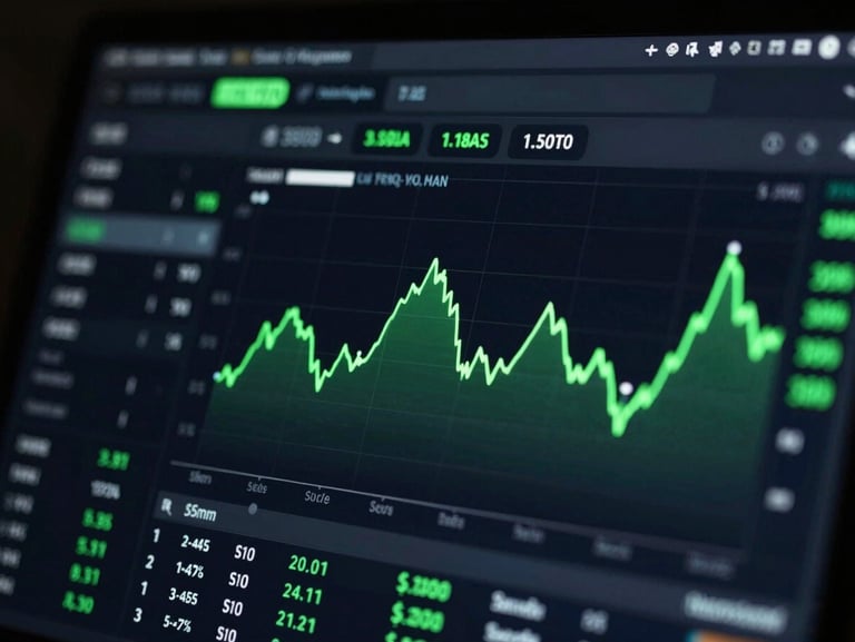 A close-up macro shot of a dark UI dashboard showing trading analytics, sleek metrics, neon green line charts, high-contrast digital interface, 35mm