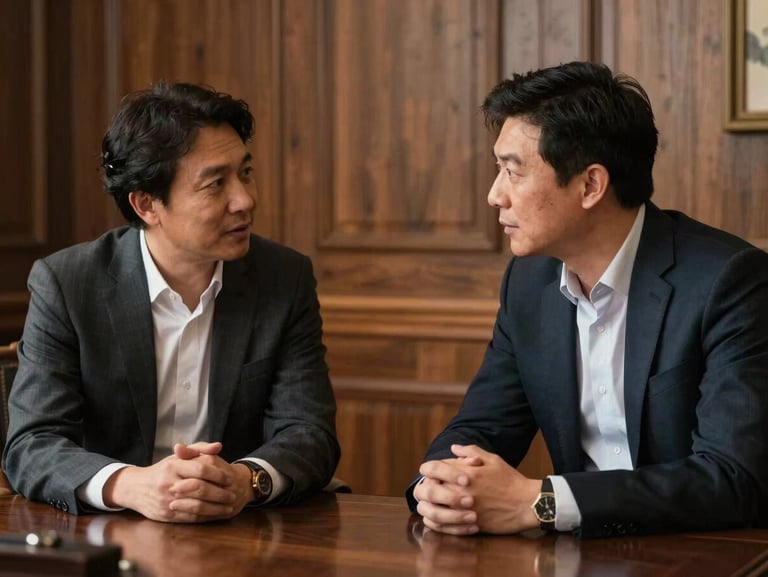 Two professionals in deep collaborative discussion in a sophisticated, wood-paneled study, soft warm lighting.