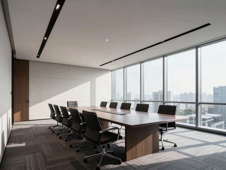 Wide architectural shot of a modern, sophisticated corporate boardroom with clean lines and natural light streaming through large windows.