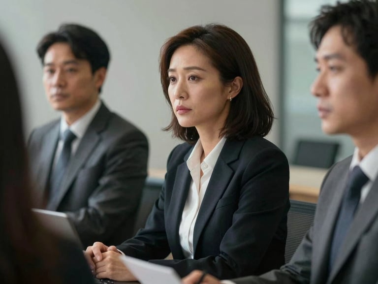 A professional woman in her 40s listening intently during a high-stakes meeting, cinematic side-lighting, shallow depth of field.
