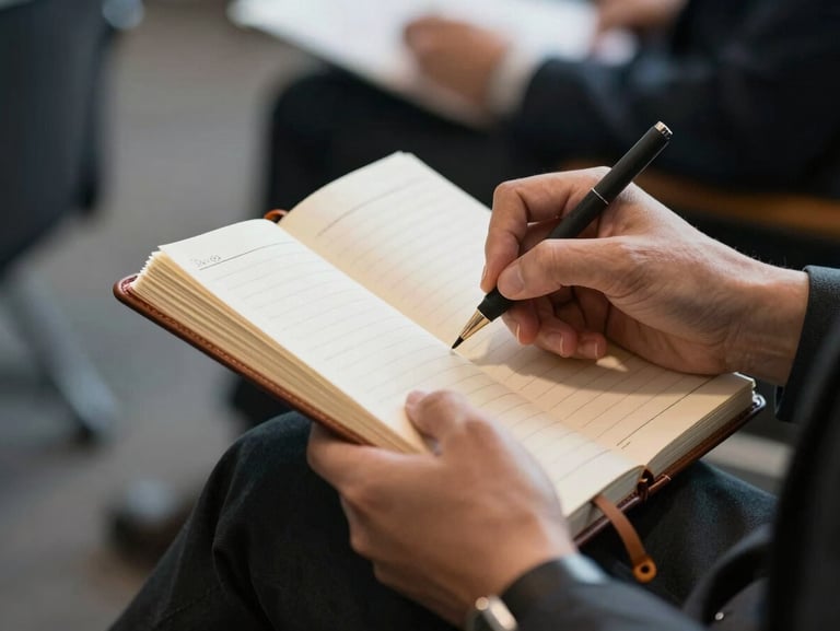 Close-up of hands taking structured notes in a leather notebook during an executive seminar, soft side-lighting, premium corporate setting.