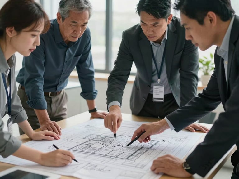 A group of executives analyzing a architectural blueprint or structured model on a table, focused expressions, natural lighting.