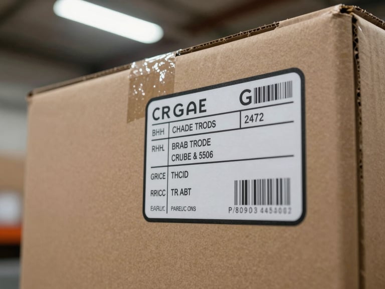 Close-up of a product condition label attached to a cardboard box, showing grade markings and origin text, placed on a pallet in a warehouse, bright overhead fluorescent lighting, sharp detail, no people
