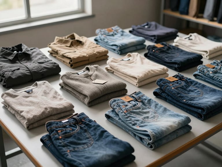 Overhead flat-lay of folded clothing items arranged by type on a warehouse sorting table — jackets, knitwear, and jeans in neutral tones, some with original retailer tags still attached, bright north-facing daylight from warehouse windows, no styling