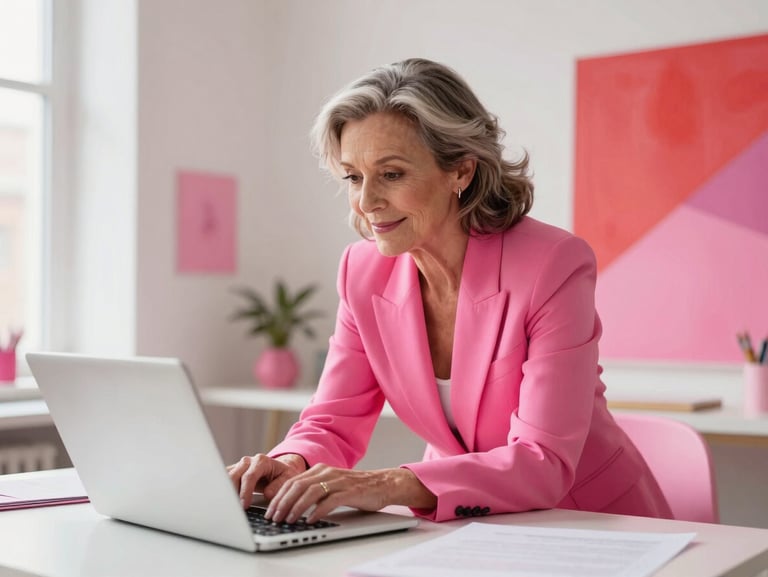 A confident older woman in her late 50s wearing a bright pink blazer, working dynamically on a laptop in a creative studio space, bright natural light.