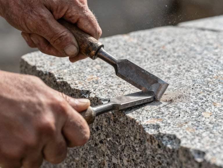 Extreme close-up of weathered hands holding a steel chisel and striking a raw granite block, high-contrast side lighting highlighting the physical texture and flying stone dust.