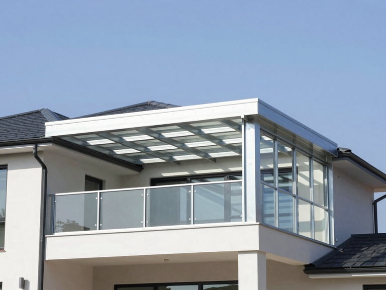 Wide-angle shot of a completed modern steel roof extension on a residential house, clean structural lines, bright daylight, sharp industrial photography, 35mm lens