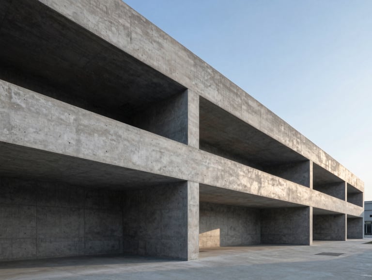 Wide-angle architectural shot of a modern commercial concrete structure under cool morning light, sharp structural lines.