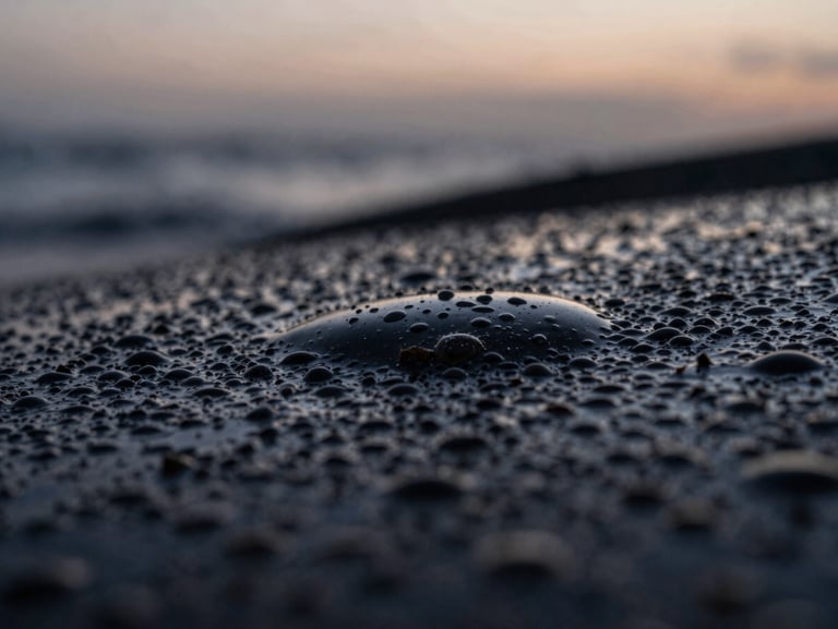 Extreme macro close-up of textured liquid surfaces with light refracting through glass, low-contrast, diffused twilight color palette