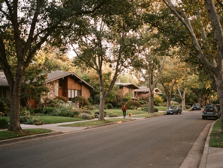 Quiet tree-lined neighborhood street with historic mid-century homes, soft golden-hour light filtering through mature oak trees, 35mm film style.