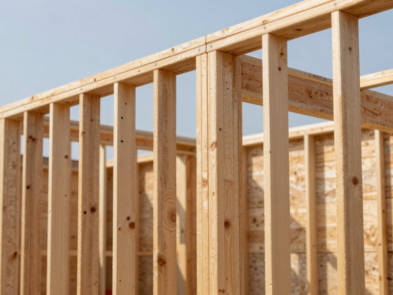 Close-up of heavy-duty garage wall framing with clean timber joints under crisp natural daylight.