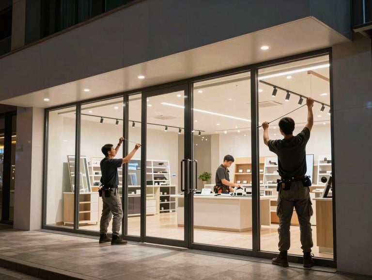 Wide-angle exterior shot of a commercial retail storefront illuminated at night, showing professional installers mounting clear security glazing into dark aluminum frames.