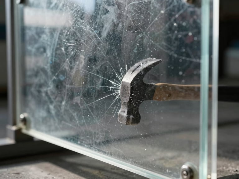 Tight macro shot of a clear polycarbonate panel under high-contrast industrial daylight, showing a hammer impact point with minor surface scuffs but zero cracking, structural frame visible.