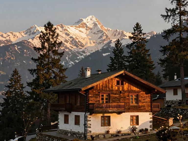 A beautiful stone and timber mountain chalet in Manali, surrounded by towering pine trees and snow-capped Himalayan peaks, golden hour, 35mm