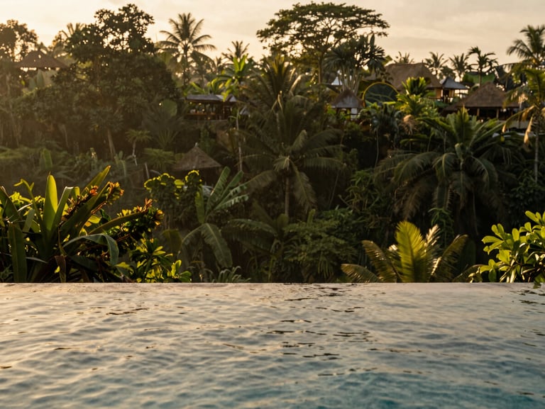 A wide environmental portrait of a private infinity pool overlooking the lush green jungle of Ubud, Bali, during golden hour, warm natural light, 35mm.