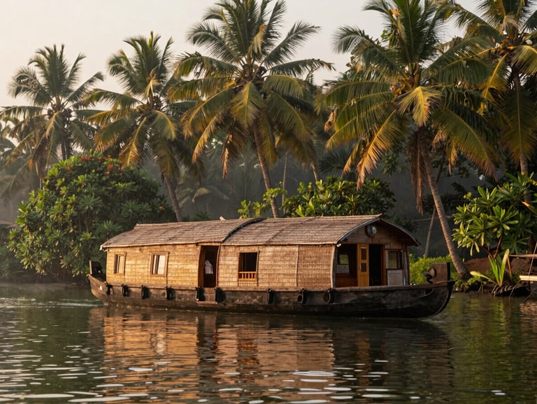 A traditional wooden houseboat floating on the calm, misty waters of Alleppey backwaters in Kerala, warm morning sun filtering through palm trees, 35mm.