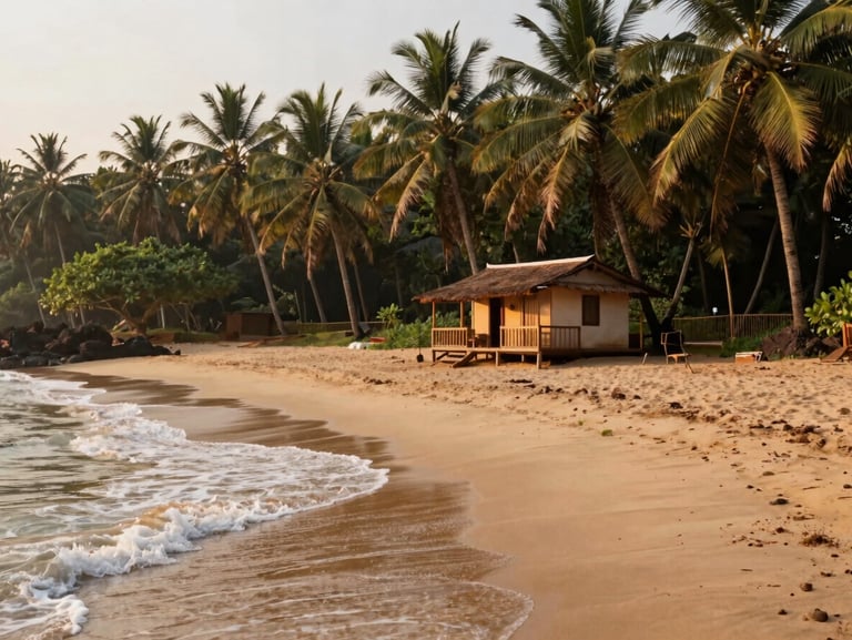 A quiet, secluded sandy cove in South Goa, gentle waves, a rustic luxury beach shack under palm trees, soft late afternoon sun, 35mm