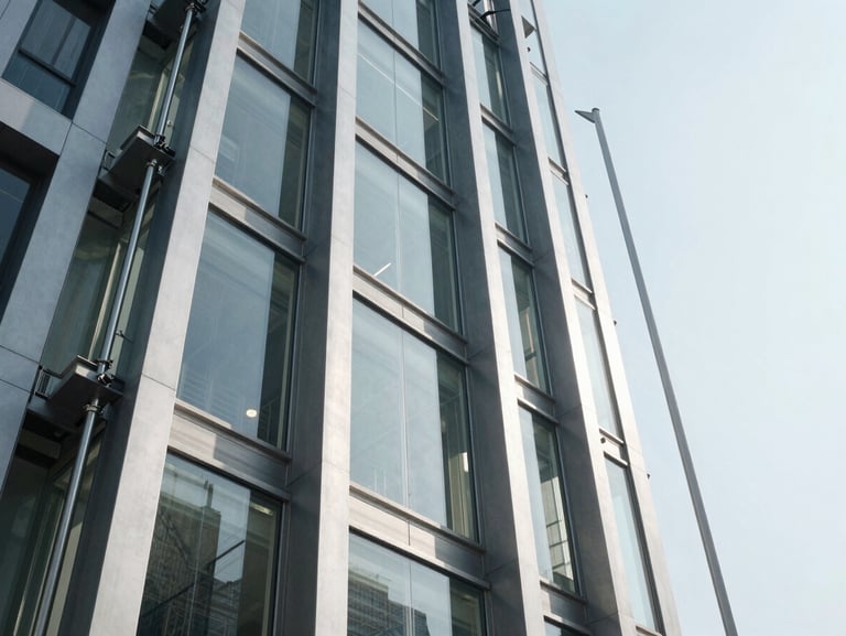 Clean architectural shot of a finished glass and steel elevator shaft in a modern Indian building, bright daylight, heavy steel guide rails visible.