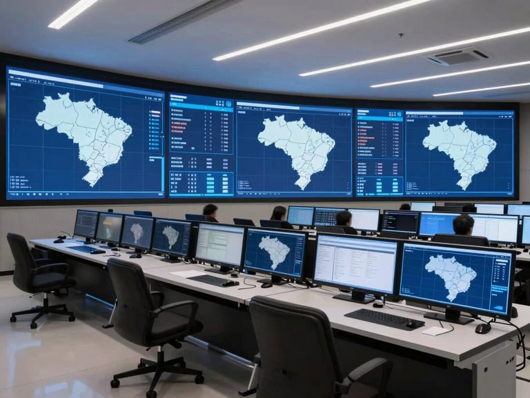 Wide-angle view of a professional logistics control center, glowing digital tracking screens displaying Brazilian maps, clean technical atmosphere