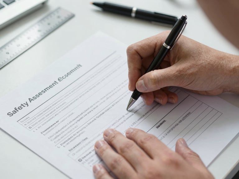 Close-up overhead view of hands marking a printed safety assessment document with a pen, regulatory forms and checklists visible beneath, clinical overhead lighting, no faces, professional credibility, desk environment with a ruler and highlighter nearby
