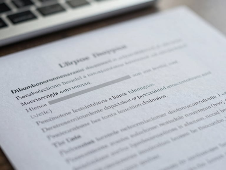 Macro shot of structured legal document with sensitive details blurred, cool clean daylight, architectural lines visible in the background.