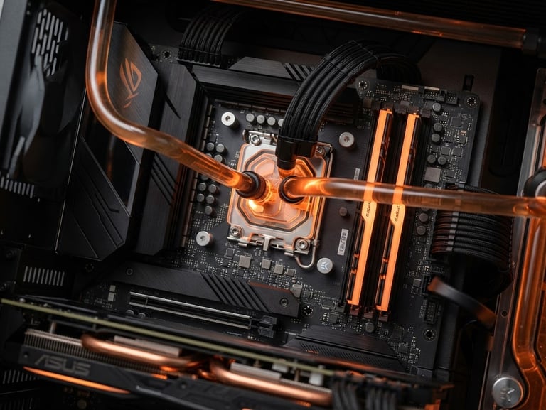 Macro shot of pristine motherboard components with neatly routed power cables and glowing liquid cooling loops, clean studio lighting with subtle orange accent glows