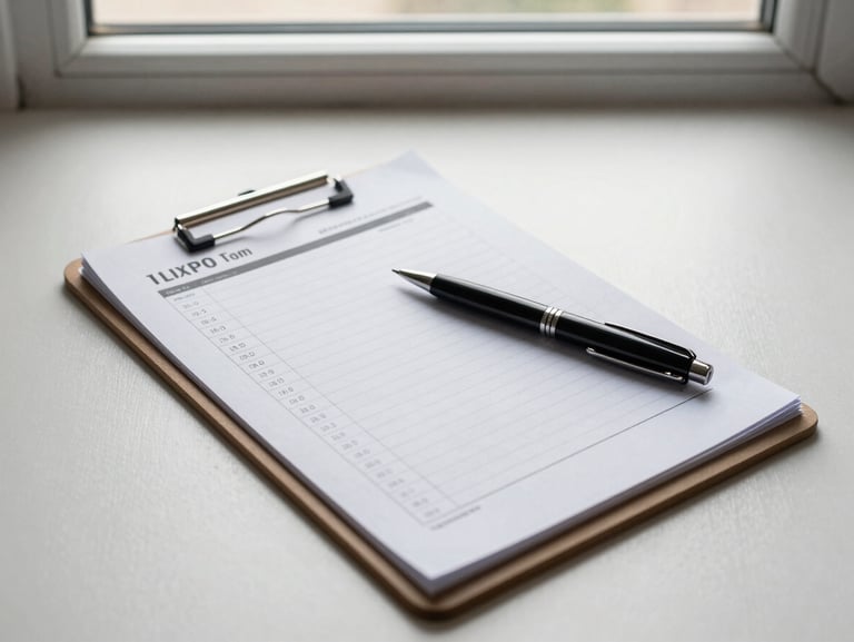 Close overhead shot of a property inspection clipboard with a checklist and pen resting on it, laid on a plain surface under flat natural window light, no people, documentary detail framing