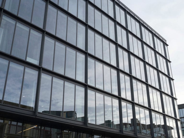 Multi-story glass façade on a contemporary commercial building, structural glazing