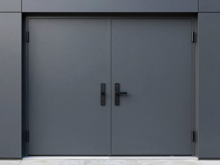 Modern minimalist pivot entrance door in dark grey, architectural hardware