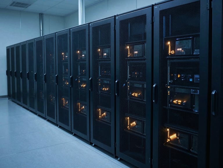 Wide-angle crisp technical photography of a clean-room staging facility, secure storage racks under cool blue lighting, deep slate tones, 35mm
