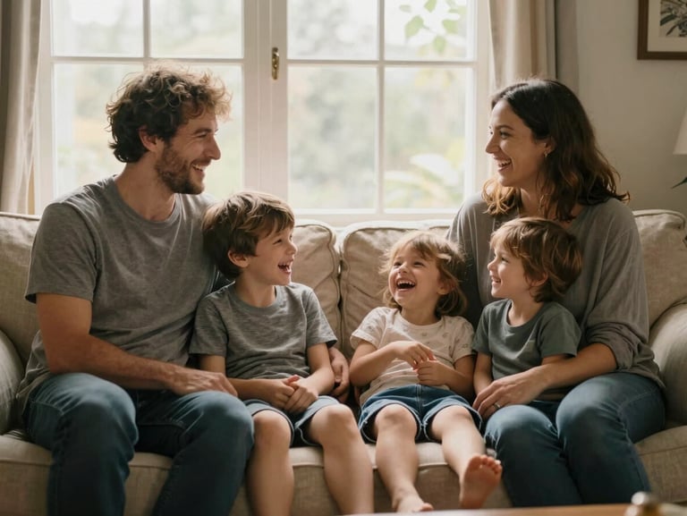 Warm indoor window light illuminating a family laughing together on a soft linen couch, unposed candid moment, genuine expressions