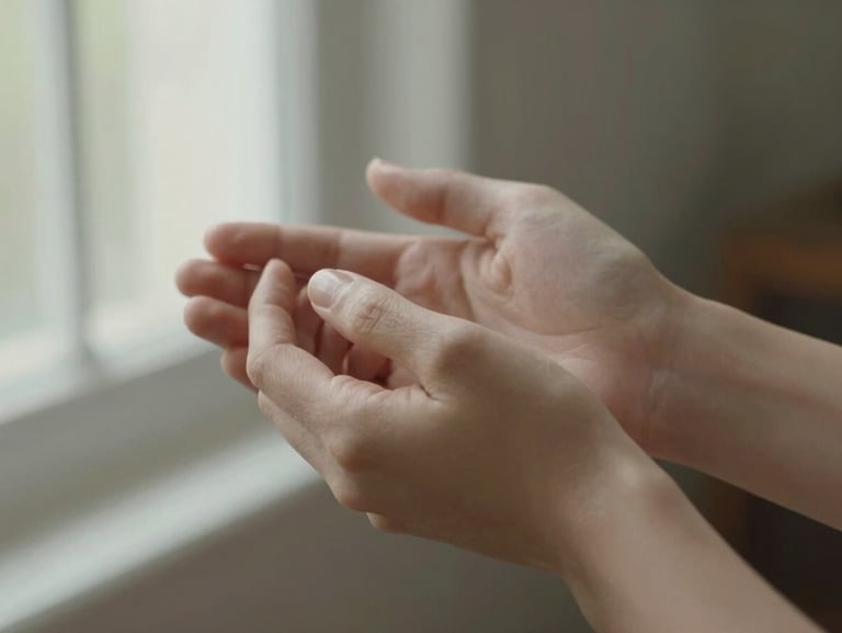 Intimate close-up of two hands gently holding, soft indoor window light highlighting texture, warm and emotional storytelling detail.