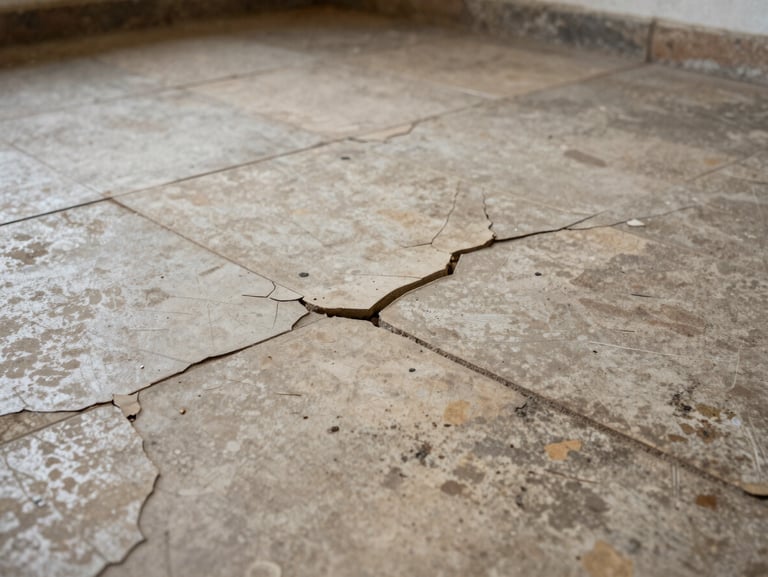 Before: worn and cracked residential floor surface under natural daylight, original tiles visibly aged and uneven, wide shot showing full floor extent