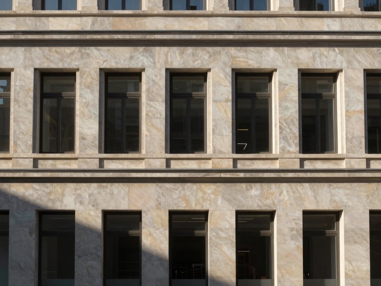 After: same commercial building facade now finished with printed monocapa render in morning light, impressed stone pattern visible in relief, strong shadow detail across surface