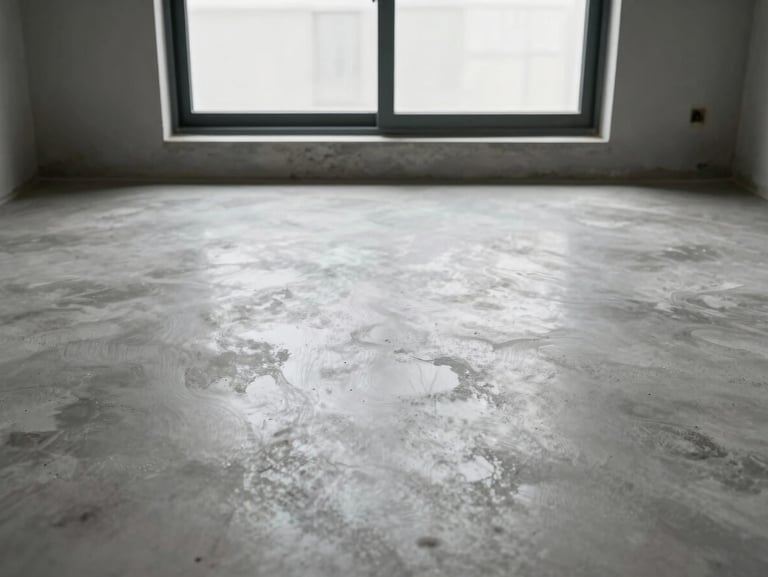 After: same residential floor now finished in polished concrete, daylight from the same window revealing uniform sheen and smooth aggregate surface, no furniture