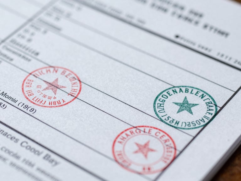 A macro close-up of a structured customs classification document, sharp focus on printed tariff codes and official regulatory stamps, bright even daylight.