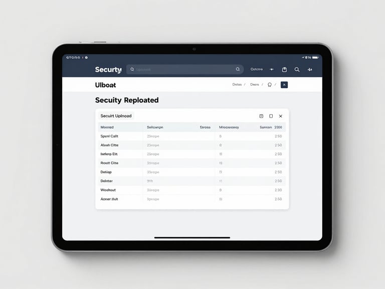 A clean, top-down flat-lay of a digital document interface on a tablet screen, displaying a secure receipt upload portal with structured data tables, bright neutral daylight, minimal shadows.