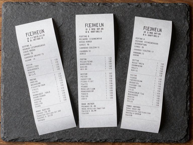 A clean top-down flat-lay of retail receipts with printed line items and tax breakdowns, illuminated by even, neutral daylight on a slate-colored workspace.