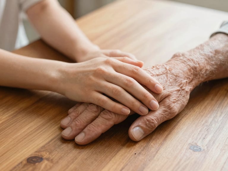 Close-up of a daughter's hand reassuringly placed over her elderly father's hand at a wooden table, warm natural light, 35mm