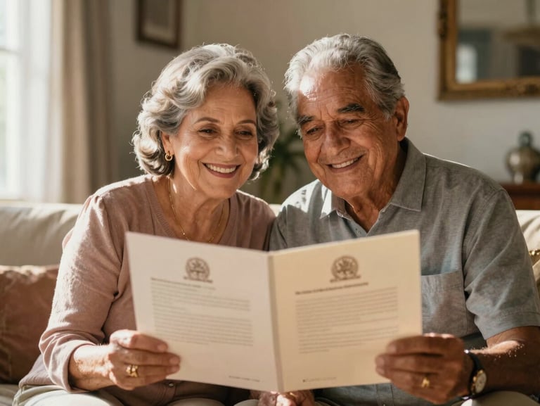A senior Mexican couple smiling warmly in their sunlit living room, holding official documents, high contrast, soft lighting, 35mm